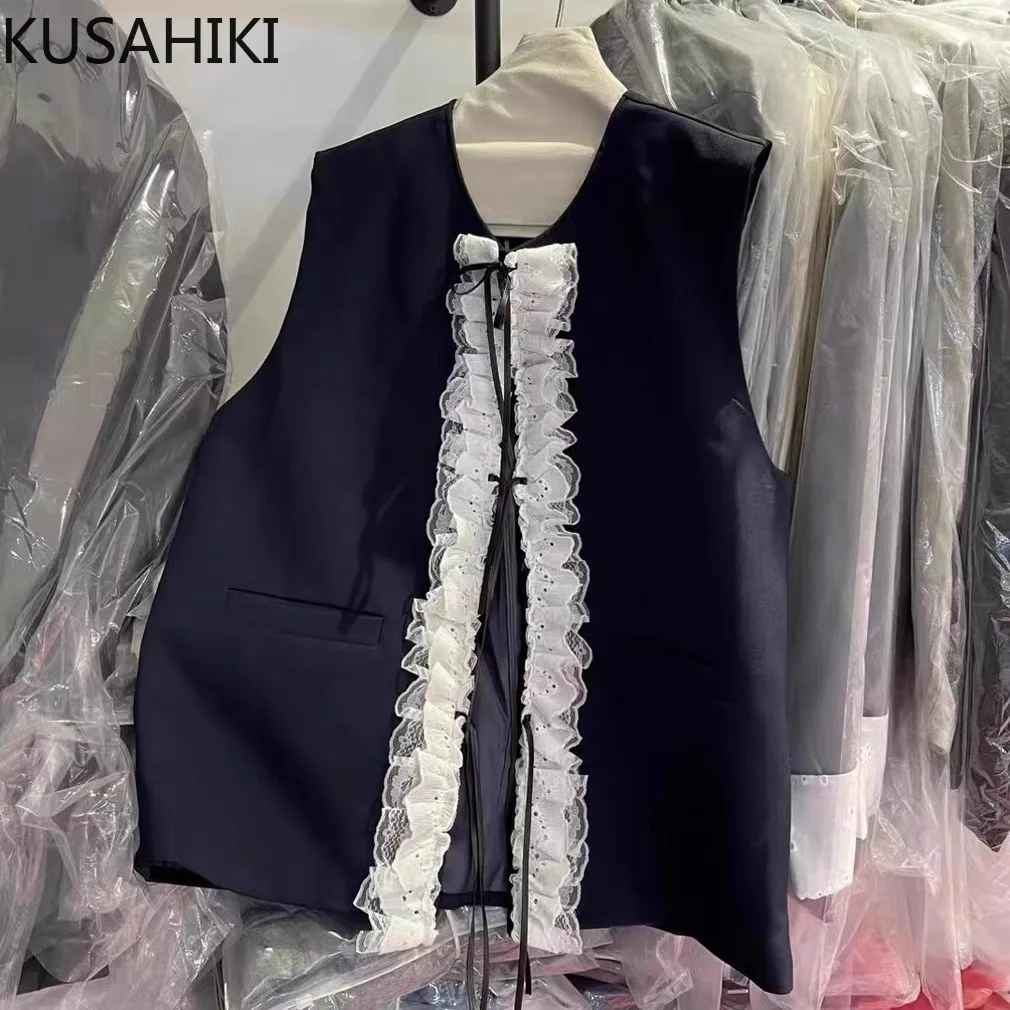 Новинка осени 2024 Корейская кружевная Лоскутная куртка kusхиты с рюшами на