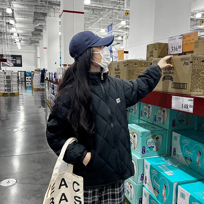 Rhombus Pattern Spliced Hooded Parkas Short Women Jacket Winter Coat Cotton Padded Female Baseball Puffer Jacket Clothes