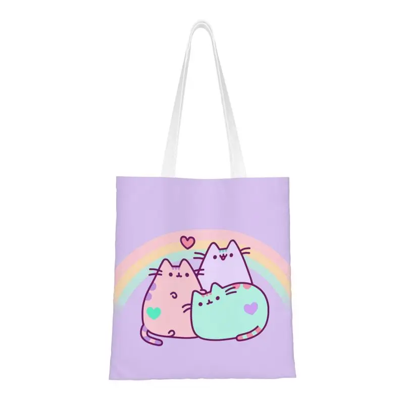 

Cat Rainbow Heart Grocery Shopping Bag Cute Print Canvas Shopper Shoulder Tote Bag Big Capacity Washable Catroon Kitten Handbag