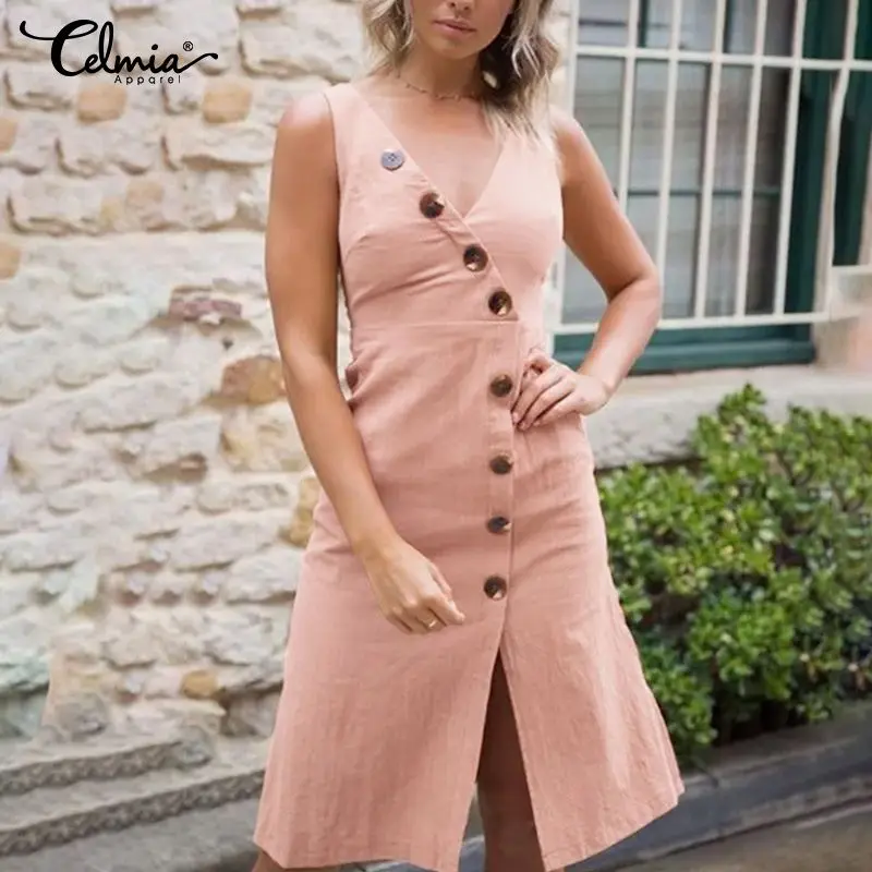 

Платье Celmia женское летнее без рукавов, пикантный хлопковый сарафан с V-образным вырезом, на пуговицах, с разрезом, до колена, повседневная од...