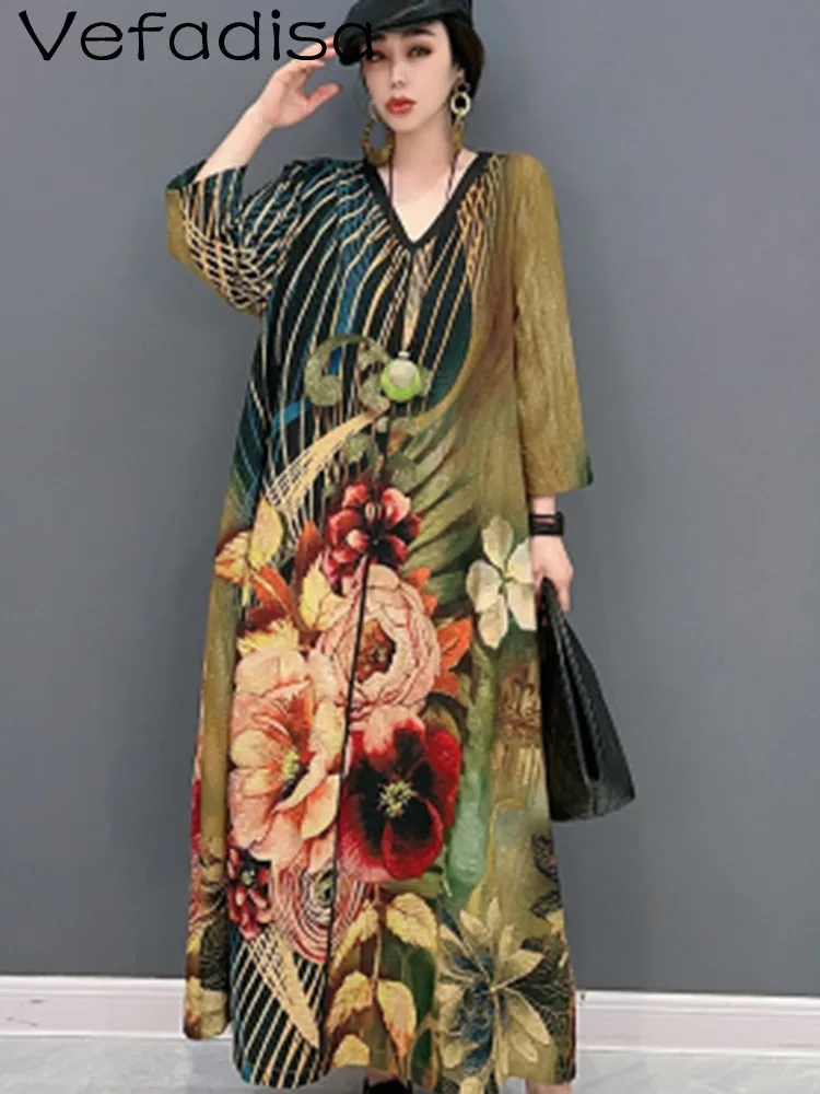 

Vefadisa 2023 весна осень новый стиль темпераментный цветочный принт V-образный вырез тонкое универсальное женское контрастное платье LWL143