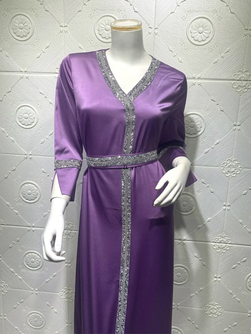 Satin Dubai Abaya Jalabiya Luxury Diamond V Neck Long Sleeve Tie Waist Muslim Women Islamic Clothes  Arabic Turkey Dubai Kaftan