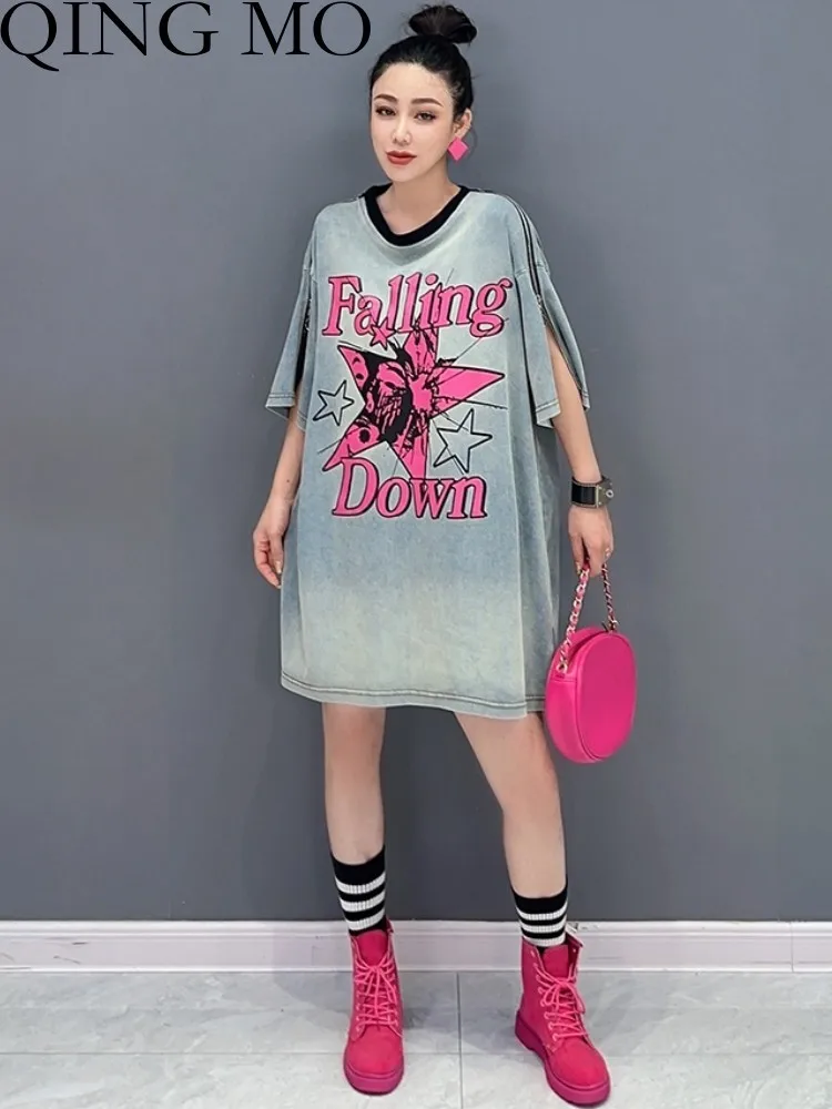 

QING MO 2023 Summer New Korean Style Printing Fashion Mid Length Denim T-shirt Women Slim Age Reducing Short Sleeve Top ZXF3271