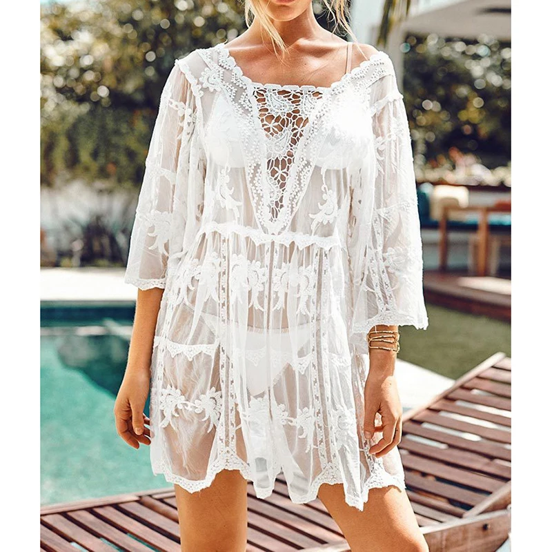 

2022 Beach Wear Cover Ups Women Embroidered Bikini Cover-Ups Hollow-Out Mesh Beach Vacation Swimwear Pullovers Lace Blouse