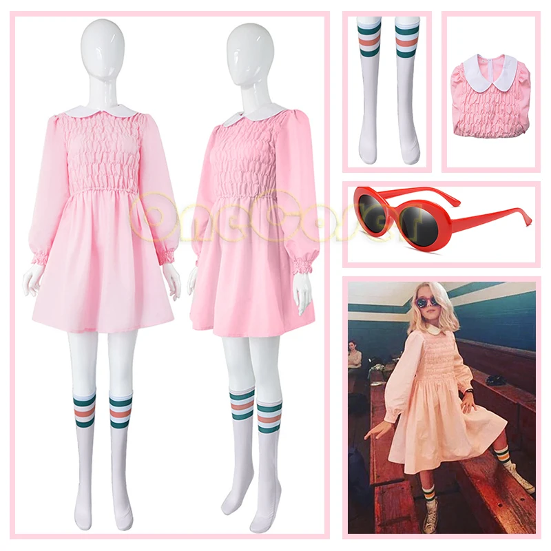 

New Stranger Things Season 4 Eleven Cosplay Costume Pink Dress Uniform Stockings Glasses Halloween Party Girls Women Outfit