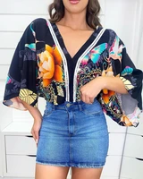 women sexy v neck printed top 2022 summer new woman fashion bat sleeve loose top casual oversize shirt