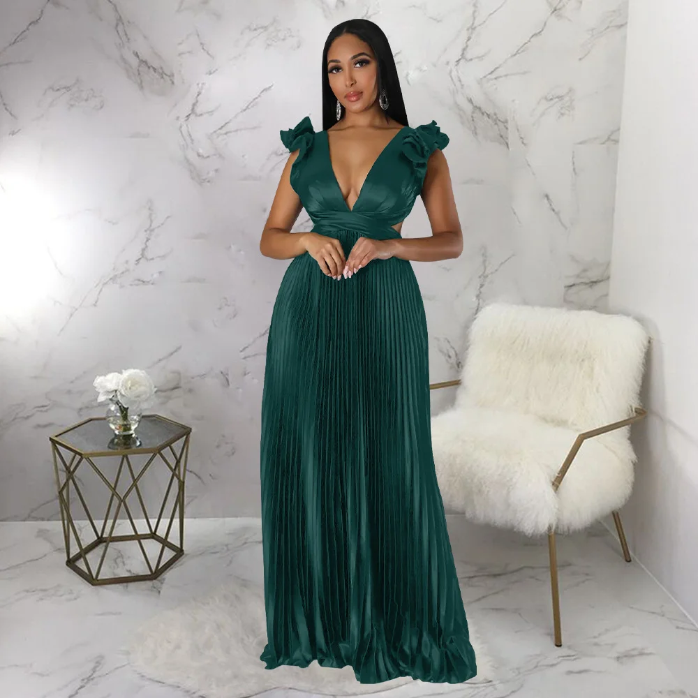 

Women Sexy Deep V Pleated Dress Back Lace Up Solid Solor Beach Long Dress Ruffle Shoulder Cut Otu Waist Satin Slip Dresses