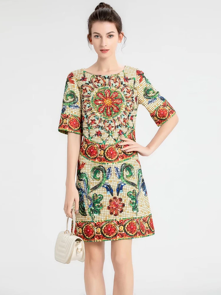 

Runway Summer Women'S New Bohemian High Quality Casual Sexy Party Beach Elegant Chic Boho Vintage Print Diamond Mini Dress