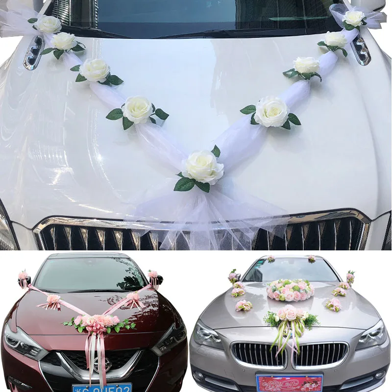 Artificial Flower Wedding Car Decoration Kit Limousine Silk Flower Door Handles Ribbons Silk Flower Mirror Decor Party Supplies