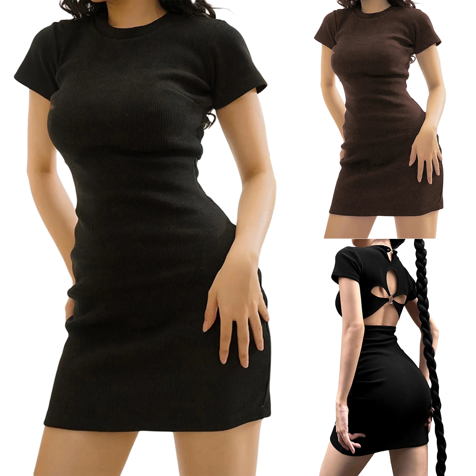 

Women’s Bodycon Mini Dress Short Sleeve Round Neck Back Hollow Out T-Shirt Dress