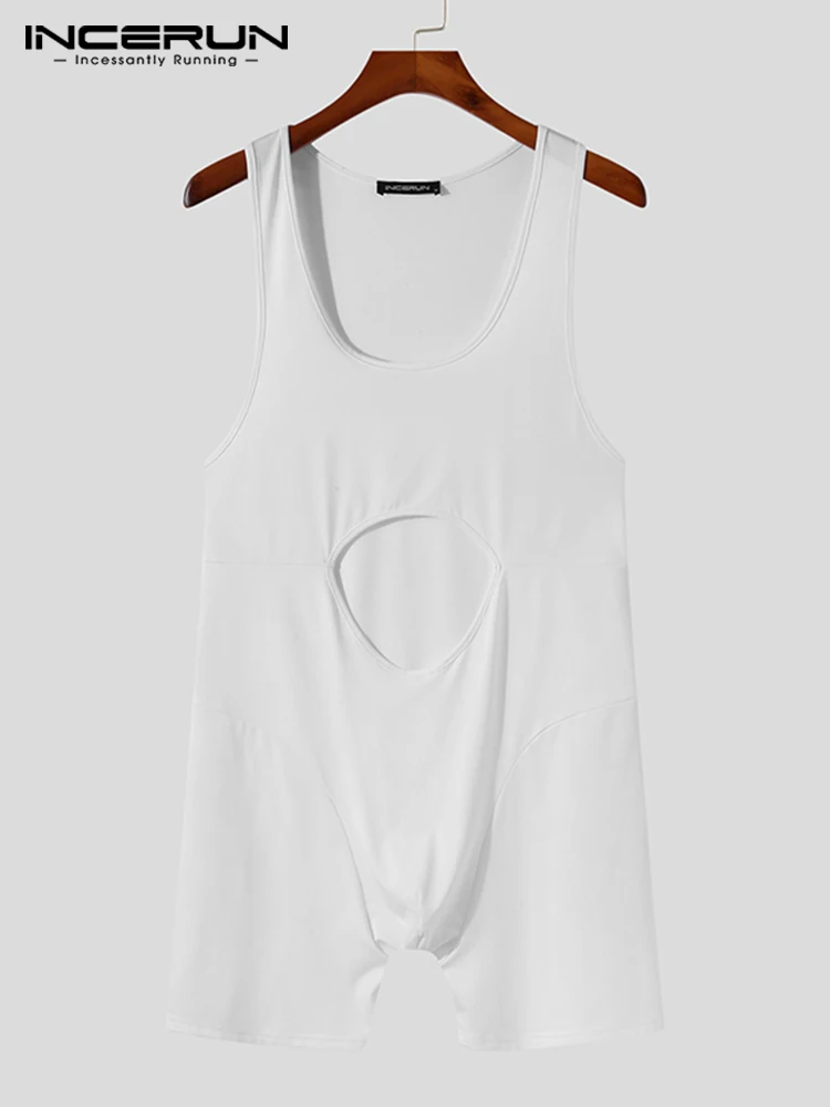 INCERUN Men's Fashion Casual Style Bodysuit Solid Loungewear Comeforable Rompers Male Front Cutout Hot Sale Jumpsuits S-5XL 2022