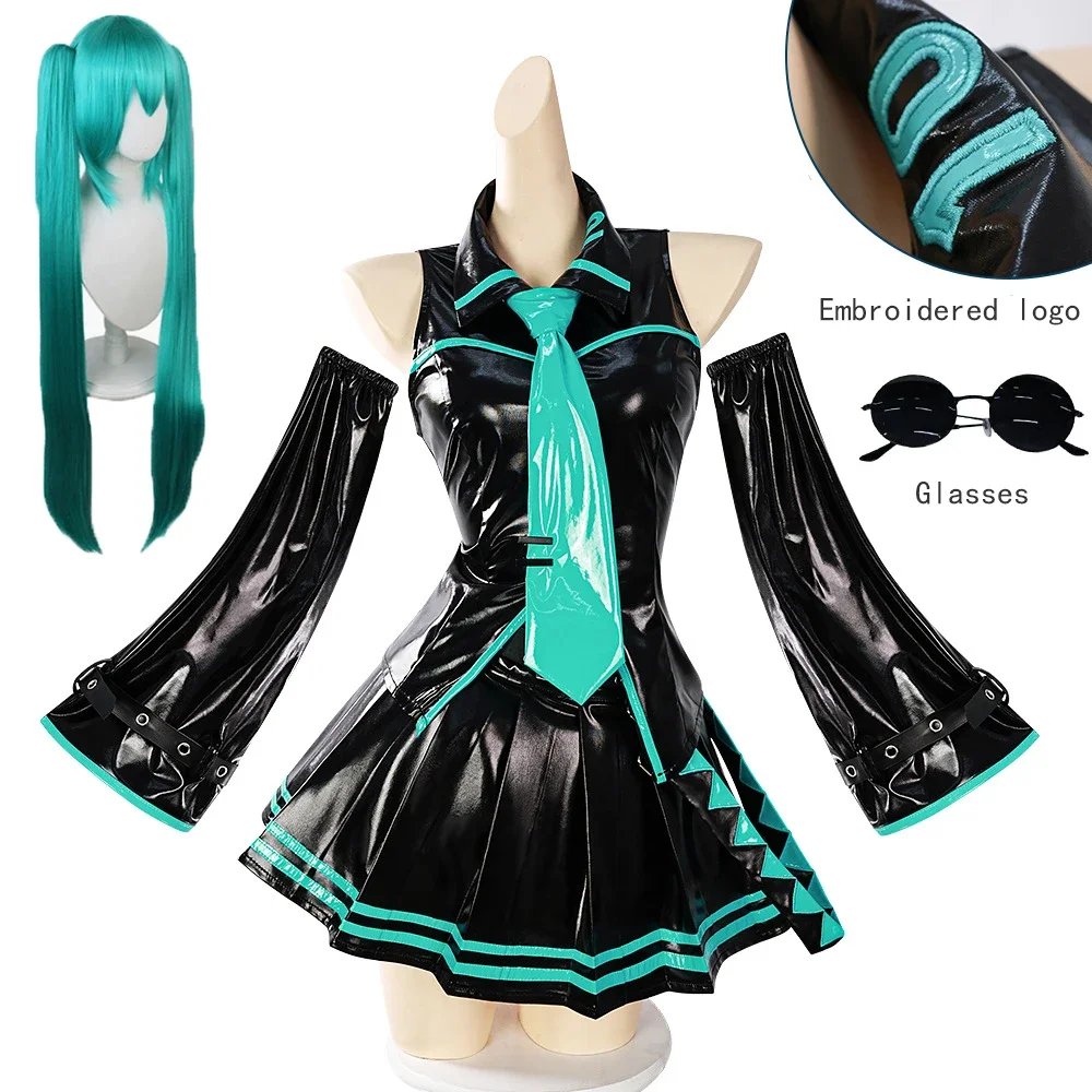 Мику Косплей Костюм 16-летие Черная кожаная форма JK Очки Хэллоуин Карнавальные