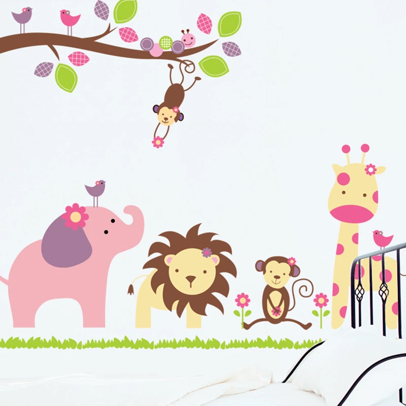 

Cartoon Animals Giraffe Elephant Monkey Lion Tree Wall Decals Home Decor Living Room Pvc Wall Stickers Diy Mural Art Posters