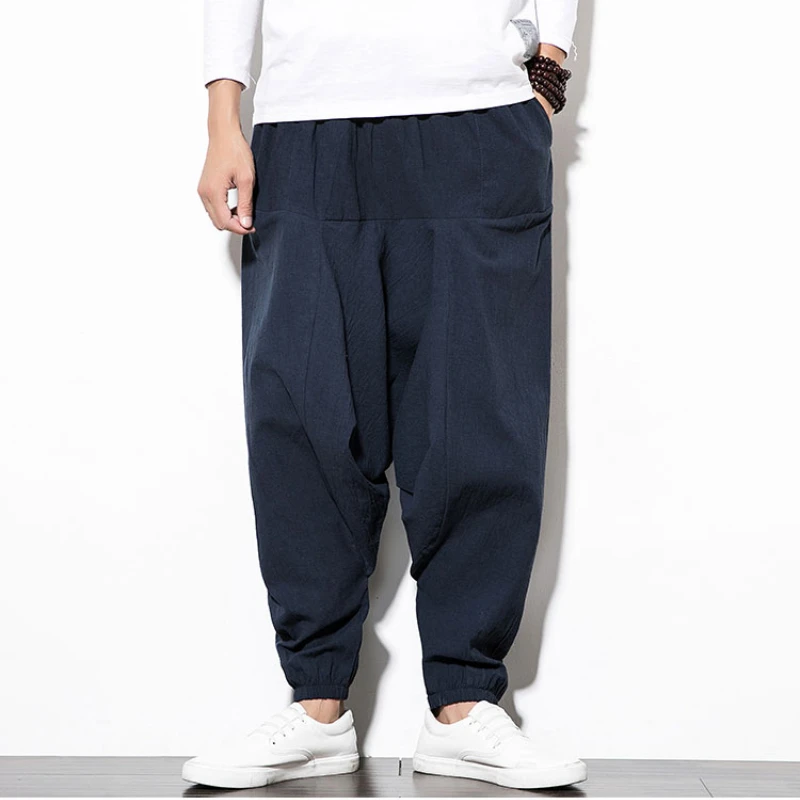

Chinese Style Harem Pants Joggers Men Streetwear Casual Mens Drawstring Pants Cotton Linen Sweatpants Ankle-length Men Trousers