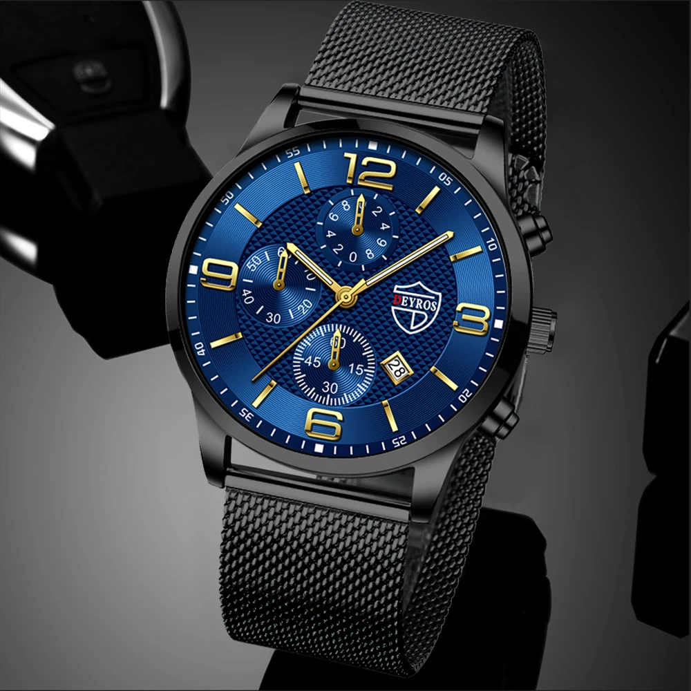 часы мужские Модные Роскошные деловые с сетчатым ремешком из нержавеющей стали
