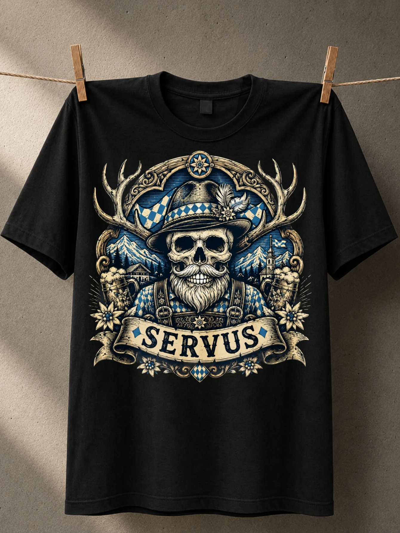 Фото Футболка SERVUS Bavarian с рисунком оленя, синими клетками, горами и альпийскими цветами, в стиле народного фестиваля, унисекс. №1