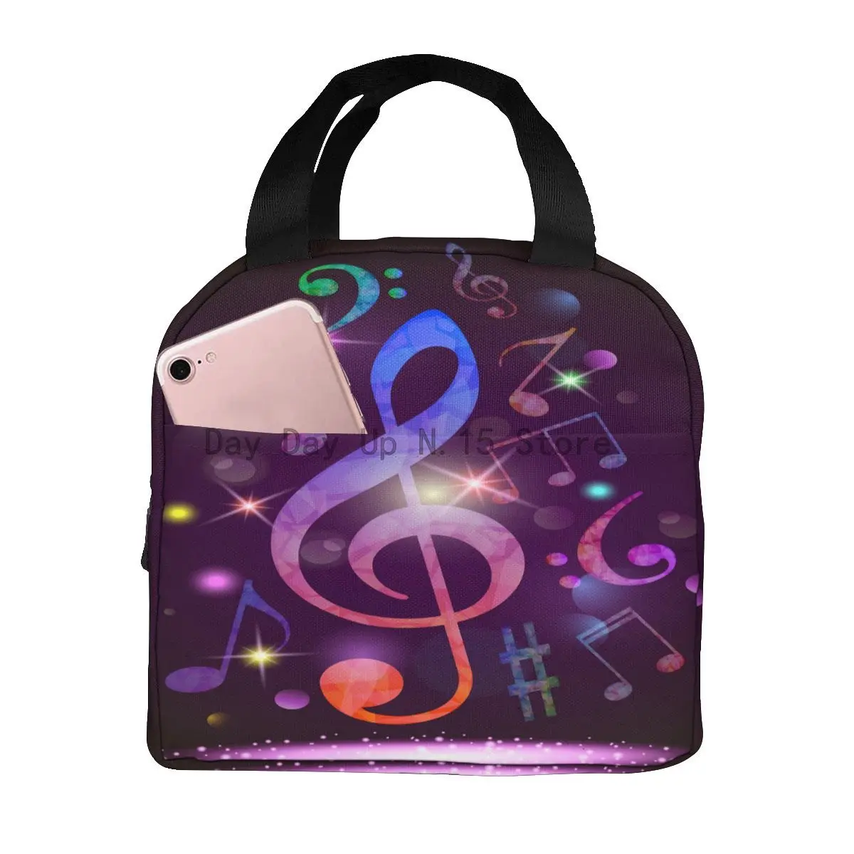 

Colorful Music Note Purple Print Cooler Bag Portable Zipper Thermal Lunch Bag Convenient Lunch Box Tote Food Bag