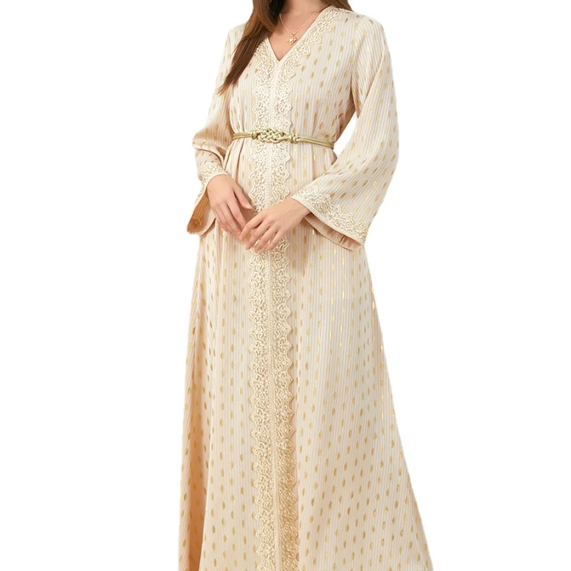 

Abaya New Muslim Dress Women Embroidery Lace Trim Belted Kaftan V-Neck Long Sleeve Arabic islam Turkey Dubai Luxury Evening Robe