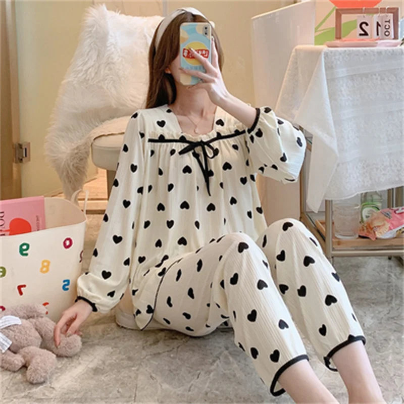 Pajamas Set Sexy Princess Cotton Bow Sleepwear For Women Elastic Pyjama Women's Soft  Fashion Sweet Homewear Clothes Big Size