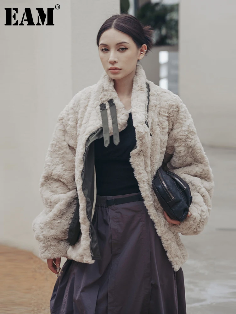 

[EAM] Loose Fit Apricot Big Size Thick Keep Warm Faux Fur Jacket New Long Sleeve Women Coat Fashion Autumn Winter 2023 1DF2653