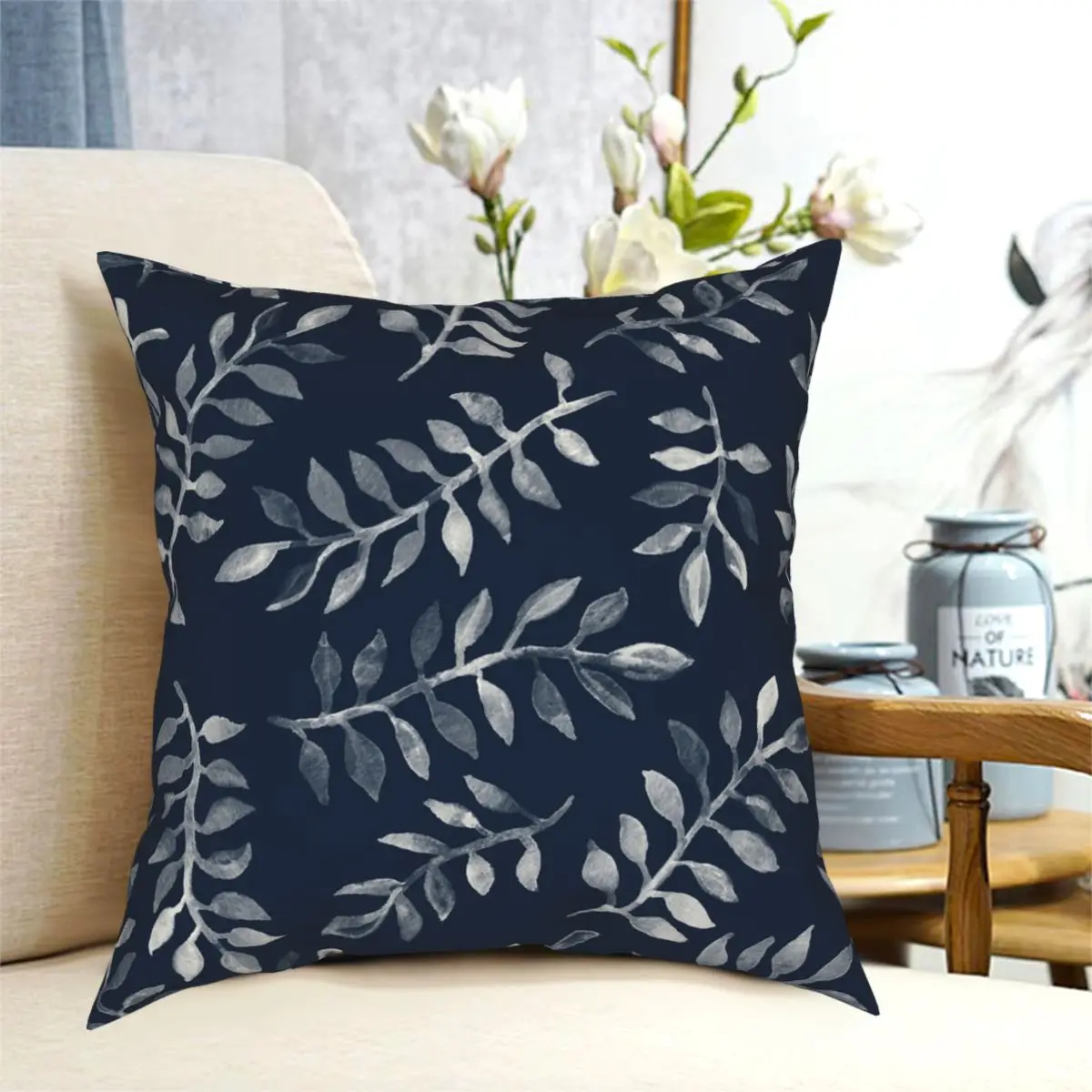 

White Leaves On Navy A Hand Painted Pillowcase Polyester Pattern Decorative Sofa Cushion Cover