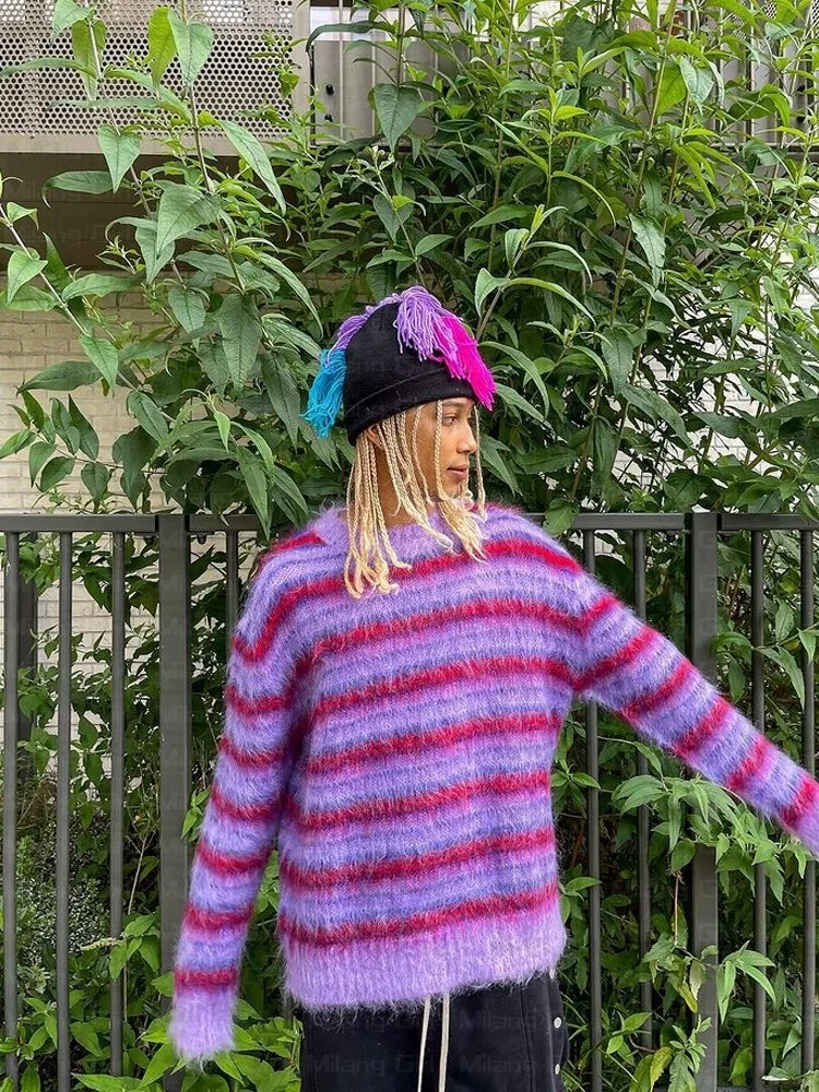 

Пуловер y2k полосатый в японском стиле для мужчин и женщин, свободный свитер в стиле хип-хоп, уличная одежда в стиле Харадзюку, вязаная одежда оверсайз на осень