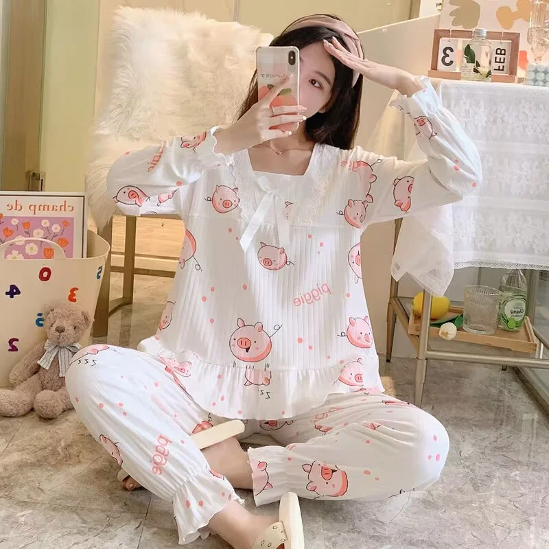 Spring Pajamas Set Full Sleeve T-shirt Long Pants 2Piece/Set Casual Lace Pyjama Big Size Mom Homewear Cozy Plus Sleepwear
