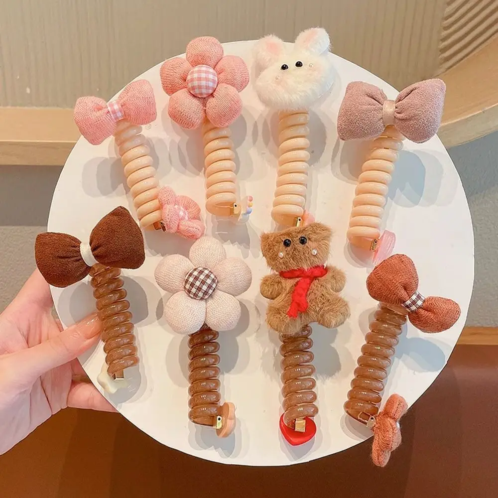 

Bowknot Bear Pendant Telephone Cord Scrunchies Hair Rope Women Girls Rubber Bands Ponytail Holder Spiral Braided Wire Hair Ties