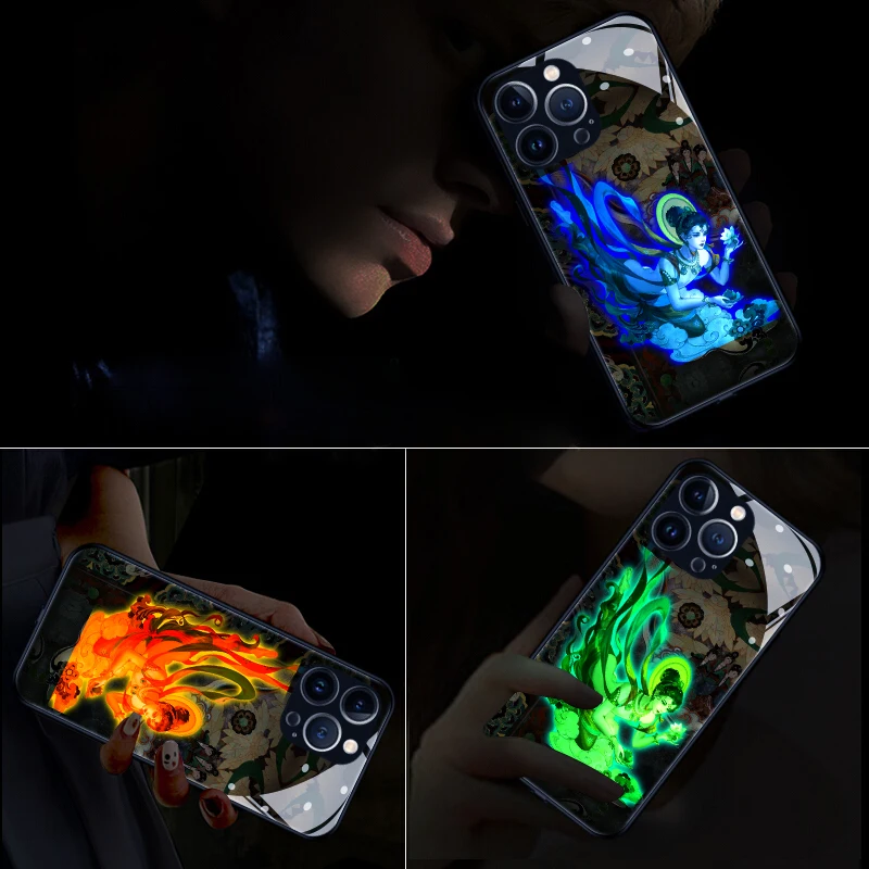 

DunHuang Flying Celestial LED 7 Light Glowing Tempered Glass Luminous Phone Case for OnePlus 7 7T 8 8T 9 9R 10 Ace Nord N200 Pro