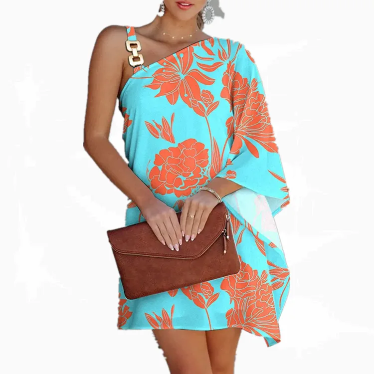 

12 Colors Women Floral Print Slant Neck Mini Dress Off Shoulder Streetwear Casual Boho Loose Women's Dresses Party Summer 2022