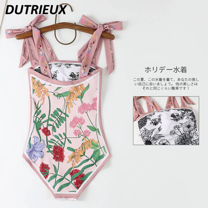 

Simple Girl One-Piece Swimsuit Sweet Slimming Spaghetti Straps Vintage Bikinis Set Print Hot Spring Vacation Swimsuit for Women