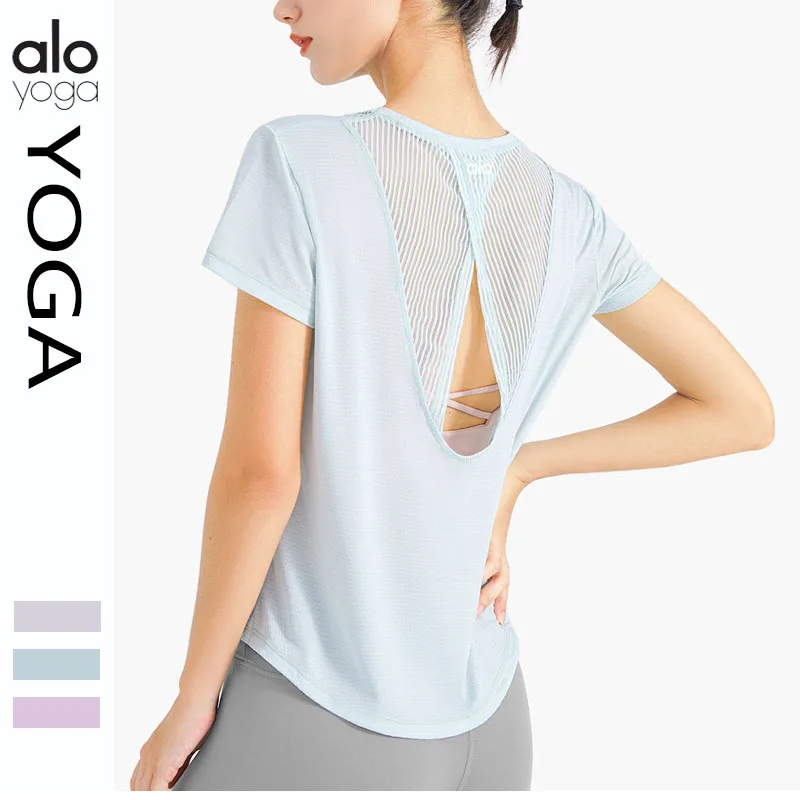 

Alo Yoga Clothing Short Sleeve Female Summer Hollow Breathable Back Sports T-shirt Spell Yarn Quick Dry Cool Tight Top