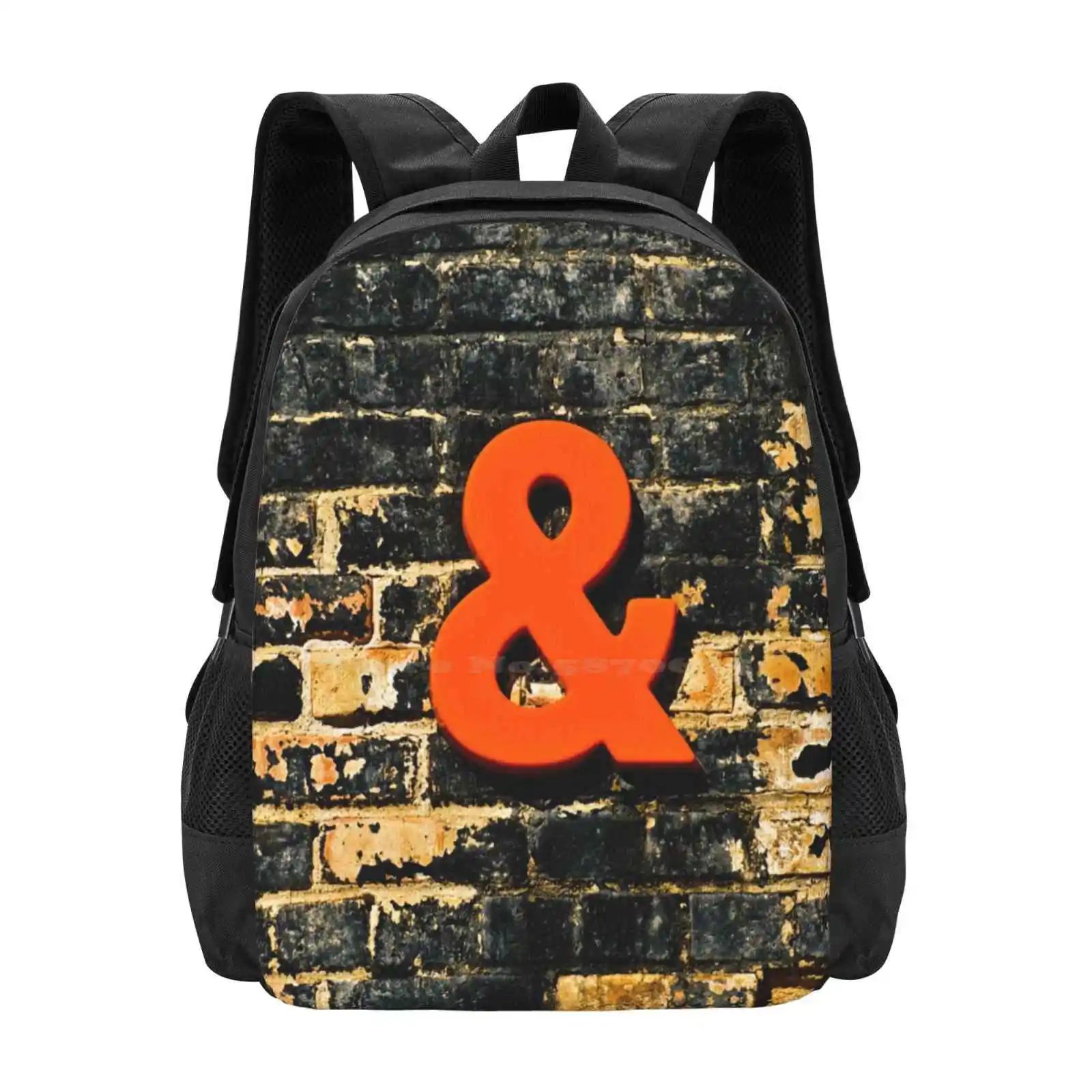 The Joiner Pattern Design Laptop Travel School Bags Ampersand Punctuation Typography Valerie Fuqua Orange Black Tan Brick Wall