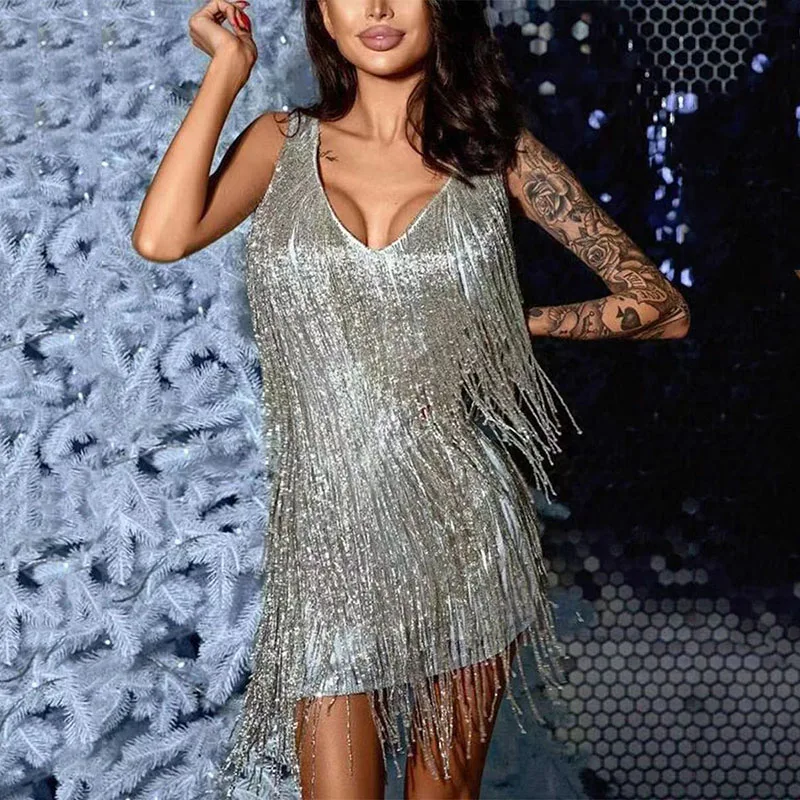 Sequins Tassel Feather Spaghetti Strap Dress Women Fashion Sexy Stitching Mini Dresses Ladies Evening Party Club Elegant Dress