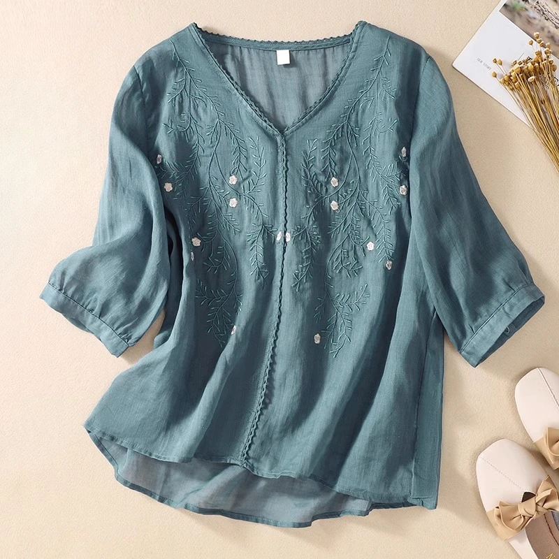 

Chinese Style Blouses Embroidery Women's Shirts Summer 2023 New Solid V-neck Clothing Ladies Loose Cotton Linen Tops YCMYUNYAN