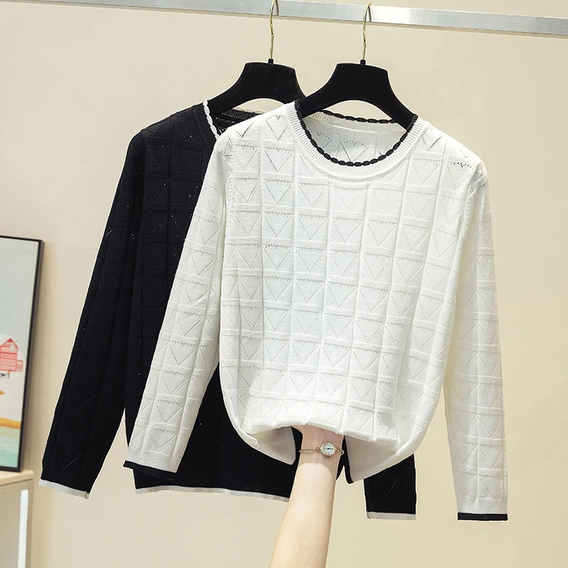 

Sigutan White O Neck Korean Fashion Hollow Out Sweater Women Autumn Casual Tops Female Long Sleeve Knitted Pullovers Pull Femme
