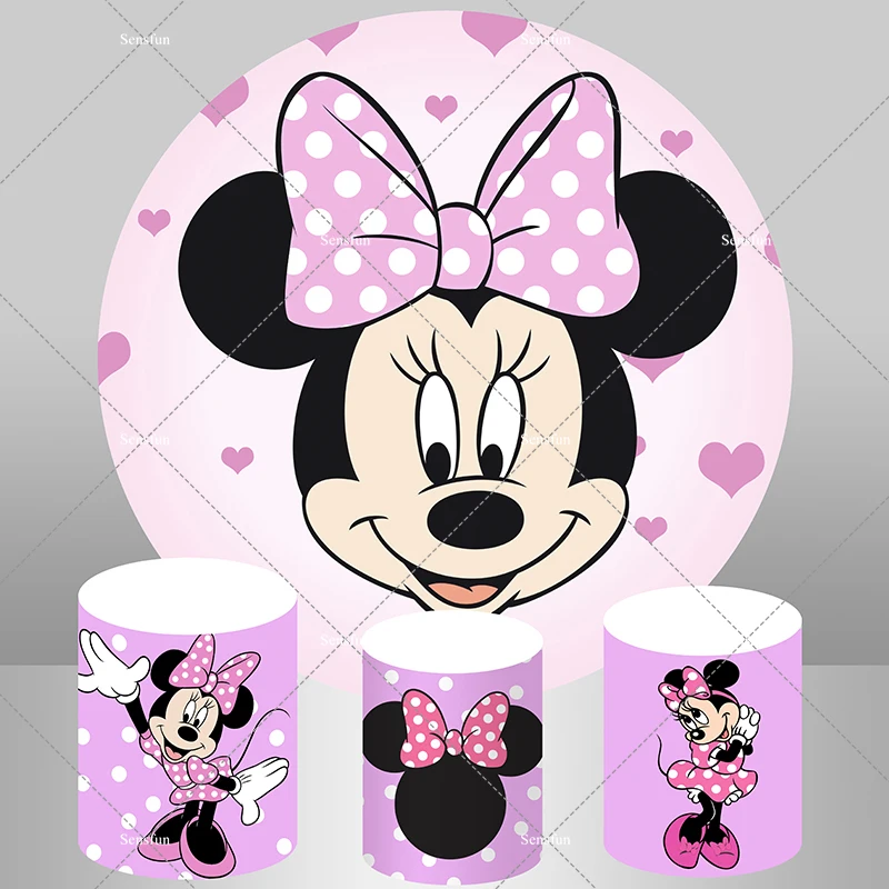 

Cute Disney Minnie Mouse Round Backdrop Pink Purple Heart Girls Newborn Baby Shower 1st Birthday Party Background Plinth Covers