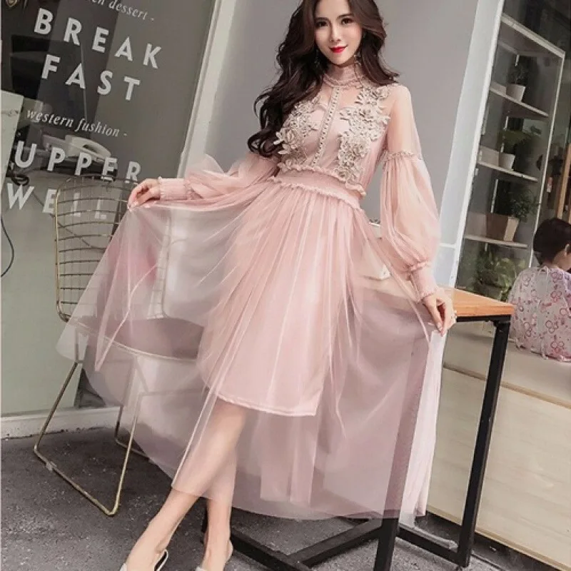 New Arrivals Women Lace Flower Dress Gauze Lantern Sleeve Voile Long Dress Female Retro Hook Princess Dress 2 Piece Set