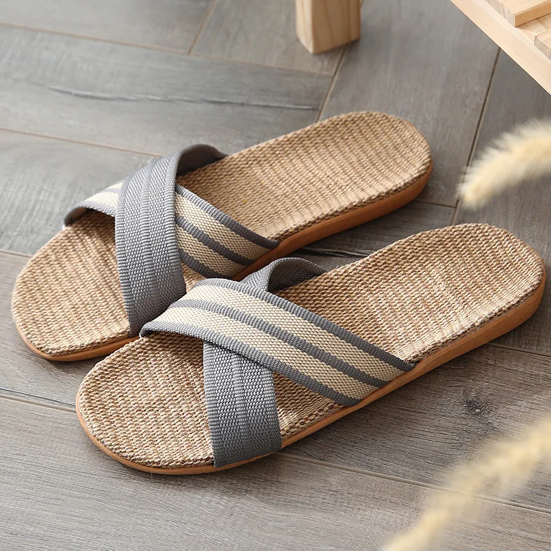 Linen Home Indoor Open Toe Flat Shoe Beach Slippers Striped 