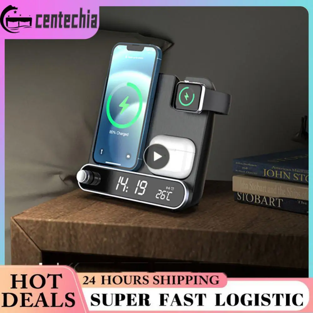 

Type-c Smartphone Desk Holder Multifunctional Thermometer Fast Charging 15w Alarm Clock For Iphone Samsung Apple Watch Mini New