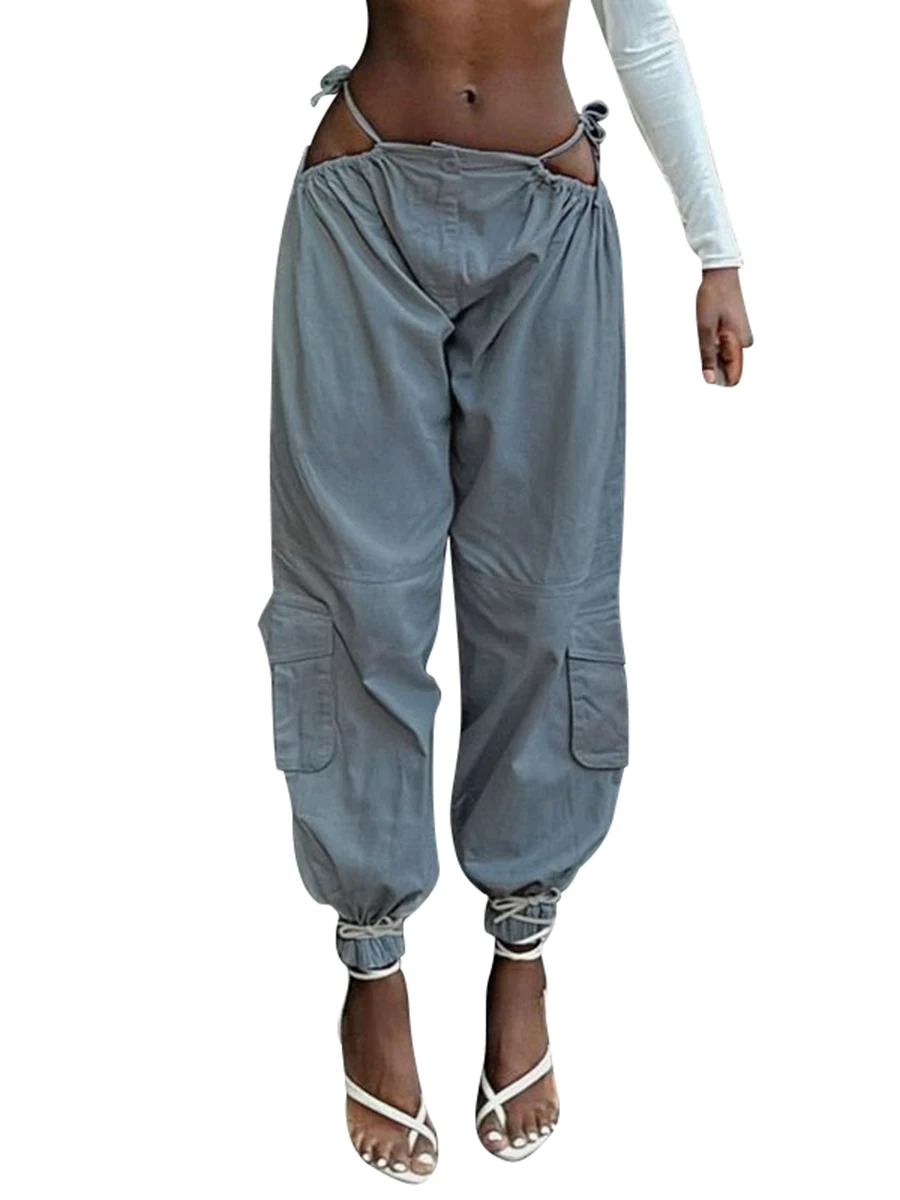 

Women Loose Cargo Pants Casual Solid Color Bandage Cutout Sweatpants with Pockets for Streetwear