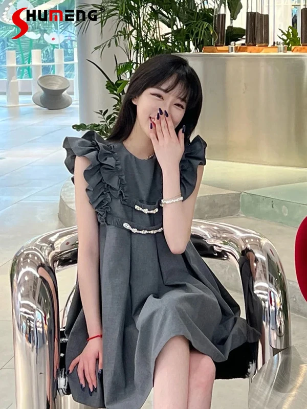 

French Style Fashion Elegant Crew Neck Above Knee Dress Women's 2022 New Summer Simple High Sense A-line Diamond Pullover Dress