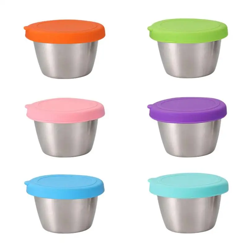 

Salad Sauce Container 6pcs/set Small Stainless Steel Sauce Box With Lid Kitchen Gadgets Leak Proof Dressing Condiment Sauce Cups