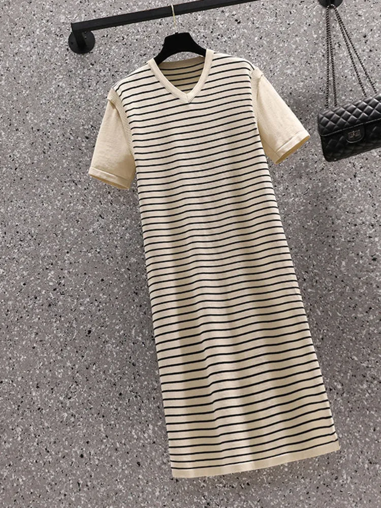 

Oversize Knitted Patchwork Side Split Dress Women 2022 Summer Fashion Striped V-neck Fake Two Pieces Short Sleeve L-4XL Dresses