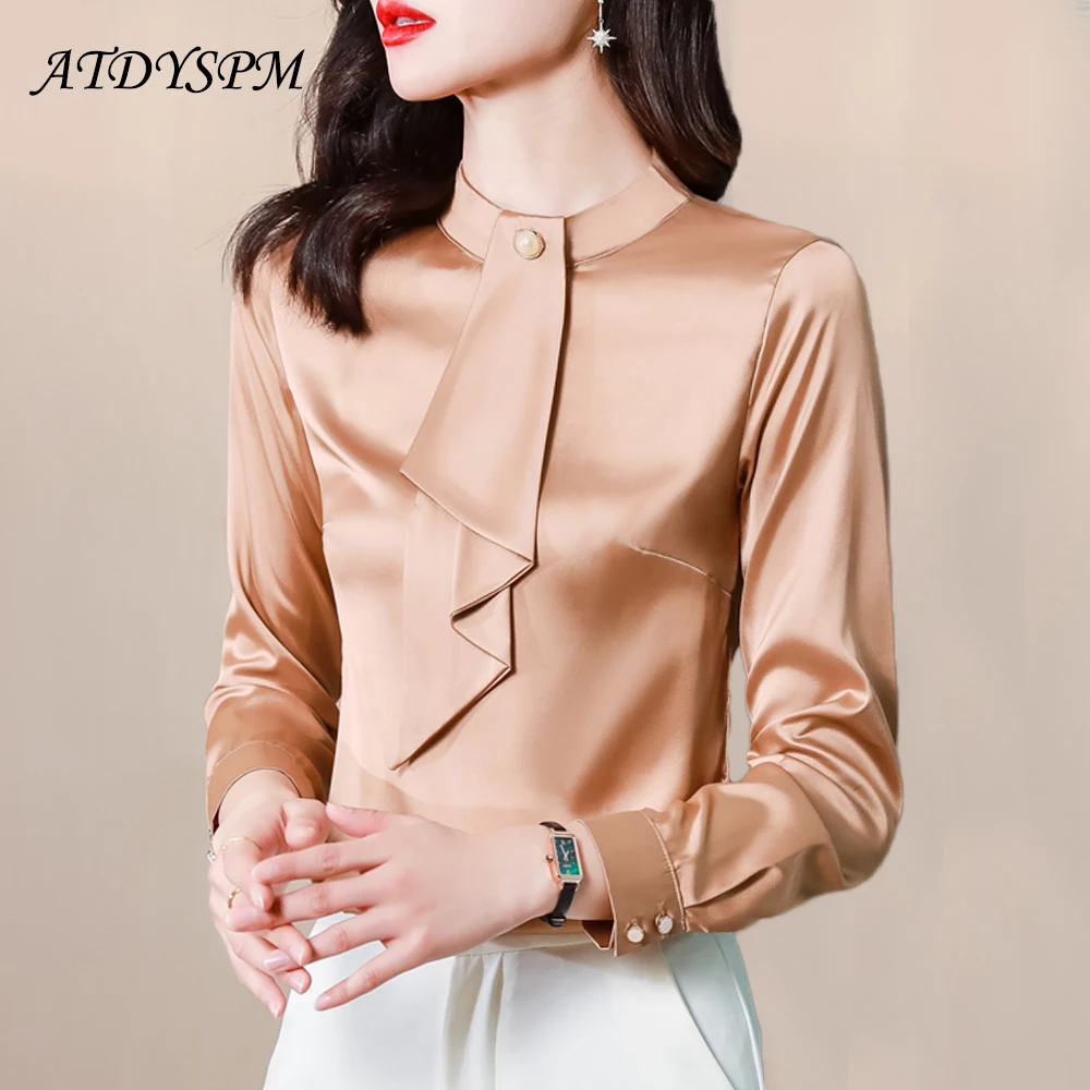 

Womens Tops And Blouses Solid Color Satin Shirts Fashion Woman Blouses 2022 Office Lady Long Sleeve Women Basic Tops Shirts