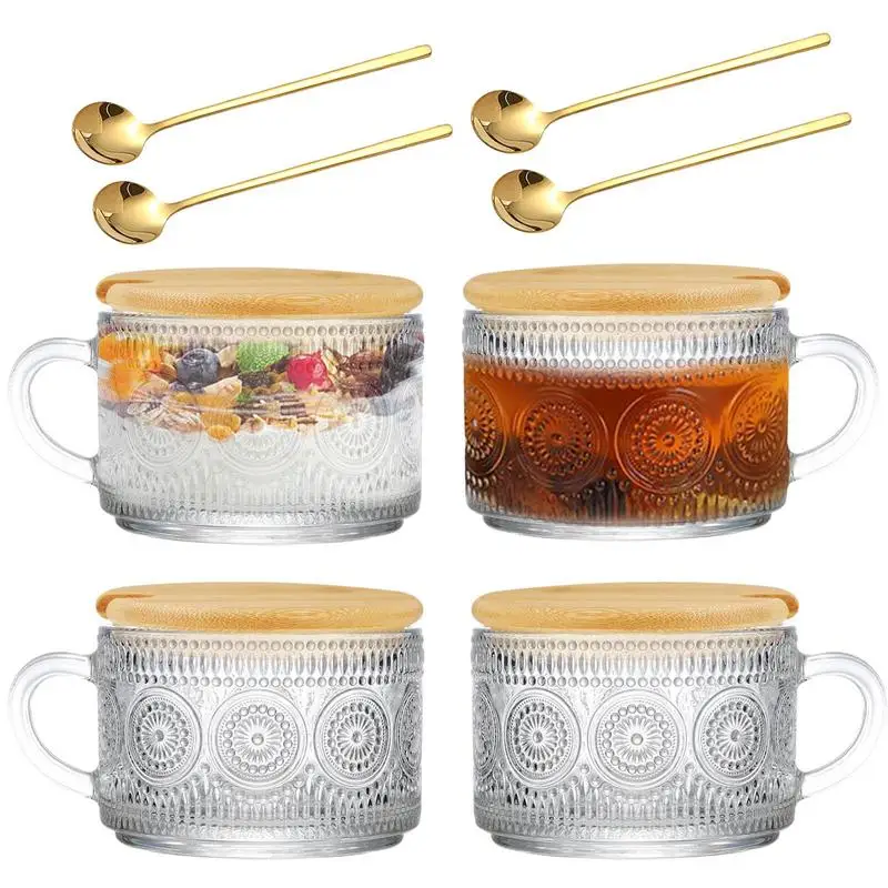 

Vintage Glass Coffee Mugs Set 15 Oz Clear Embossed Glass Cups With Lids And Spoons Drinking Glasses Cappuccino Latte Oatmeal Cup