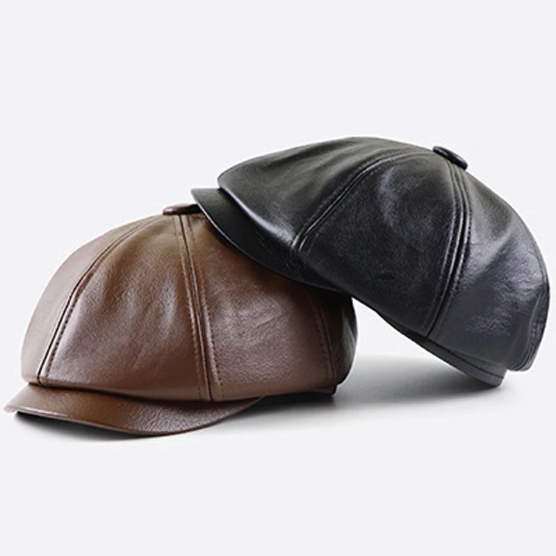 

PU Newsboy Caps Men Faux Leather Octagonal Hat Male All-Match Retro Middle-Aged Duckbill Berets Black Detective Hats Painter Cap