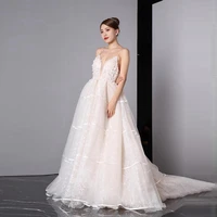 romantic spaghetti strap florals appliques long tulle bridal gowns designs a line backless lace wedding dress vestido de casamto
