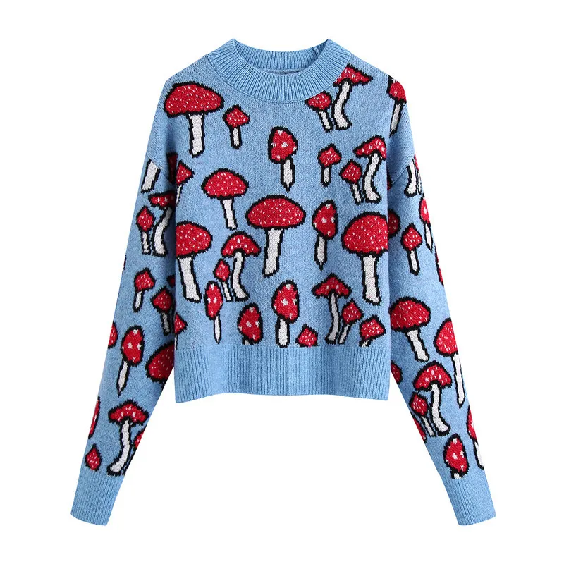 

FUAMOS New Spring Simple Cartoon Mushroom Jacquard Korea Sweater Women's Geometrica Maglione Pullover Ladies Jumpers
