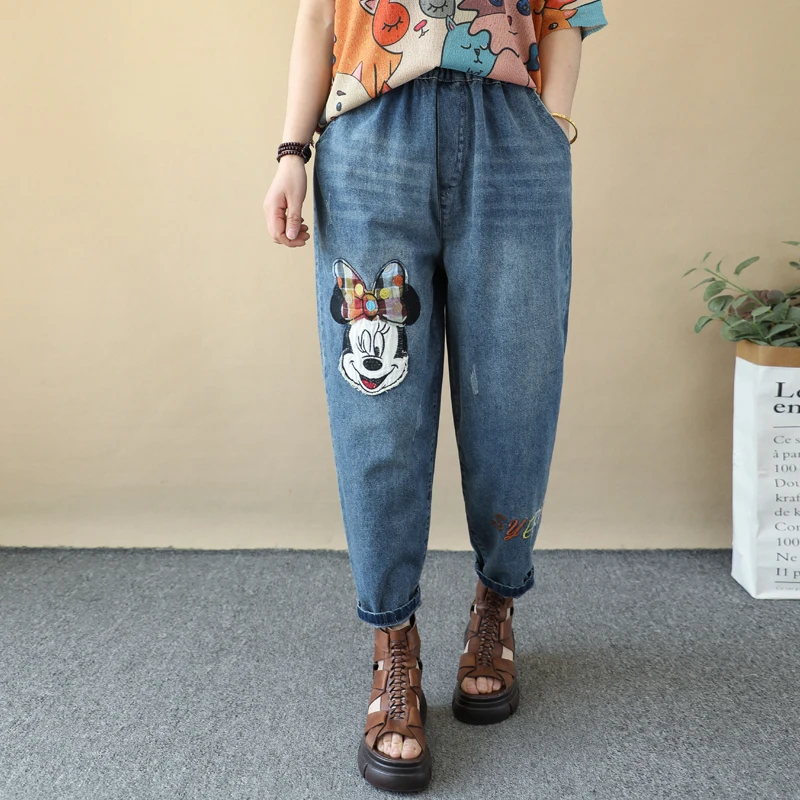 New Cartoon Paste Cloth Embroidery Cropped New Jeans Women's Loose One Size Curling Cropped Harlan Summer Baggy Pants Streetwear